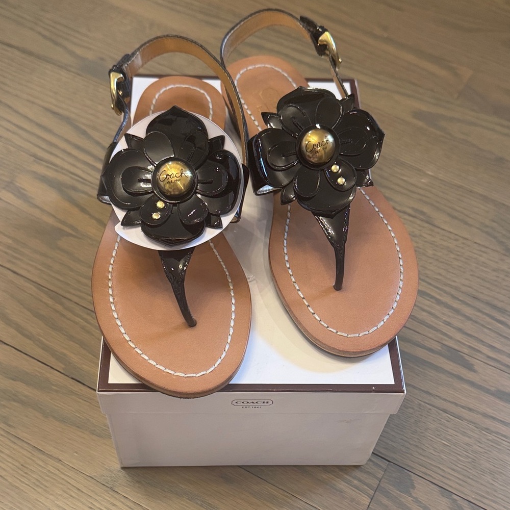 Coach Dark Brown Floral Thong Sandals with Gold Accents